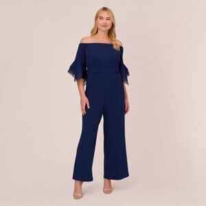 New Adrianna Papell Size 16 W Navy Off-Shoulder Organza-Sleeve Cocktail Jumpsuit